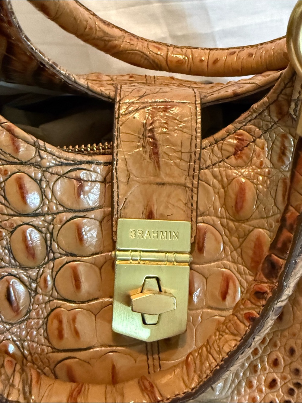 Brahmin Croc-Embossed Shoulder Bag in Tan with Gold Hardware
